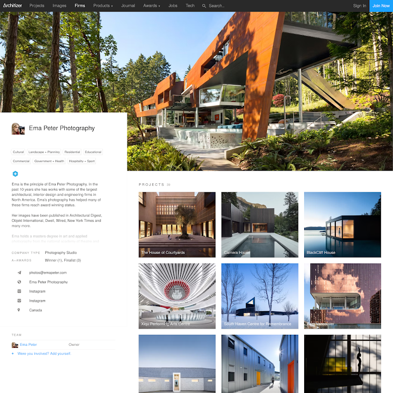 A screenshot of a web page showcasing "Ema Peter Photography" on Architizer, featuring a large banner image of a modern multi-level architectural structure with rust-colored cladding set among trees, alongside a company profile and a grid of architectural project thumbnails.