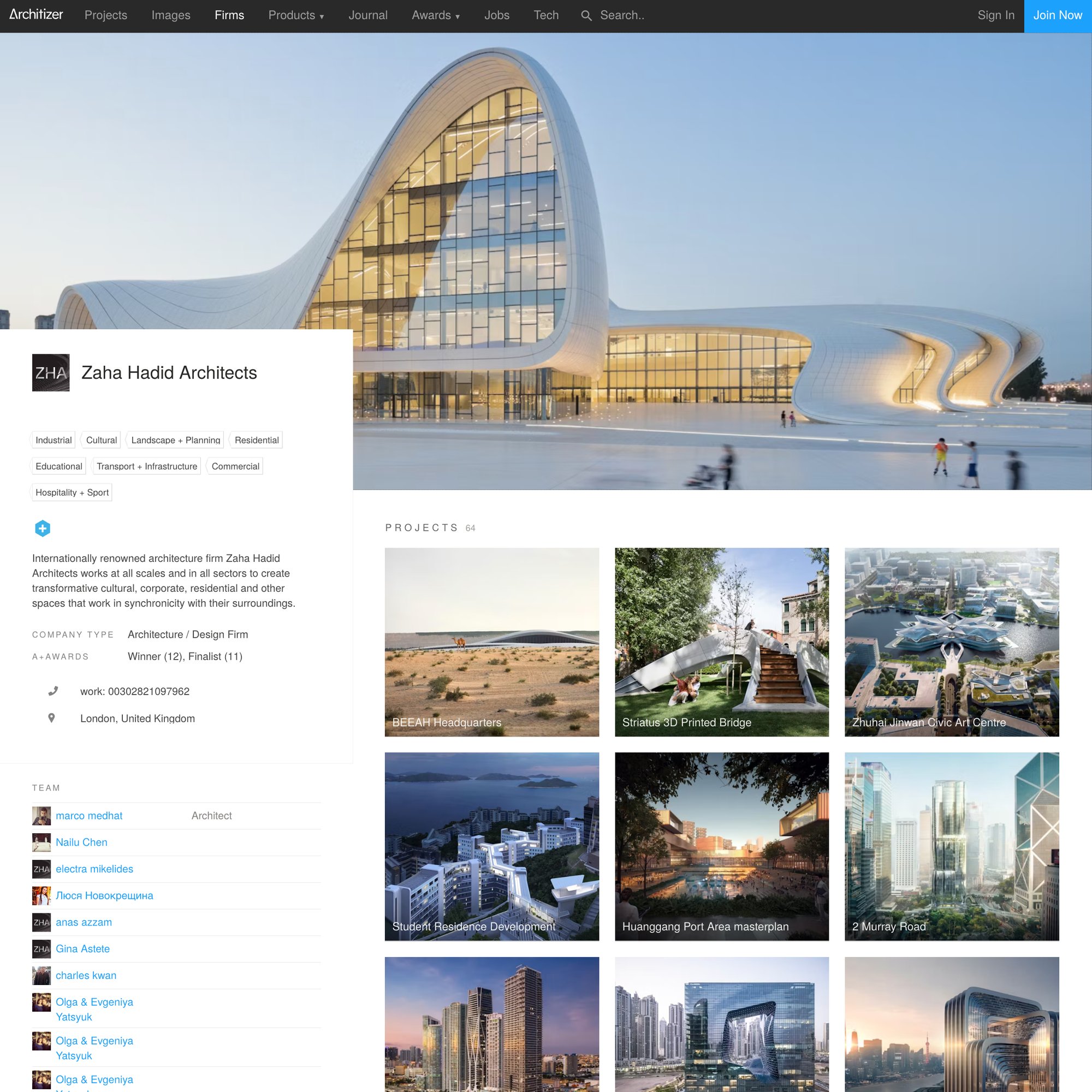 Screenshot preview of Architizer firm portfolio dashboard showcasing uploaded architectural projects